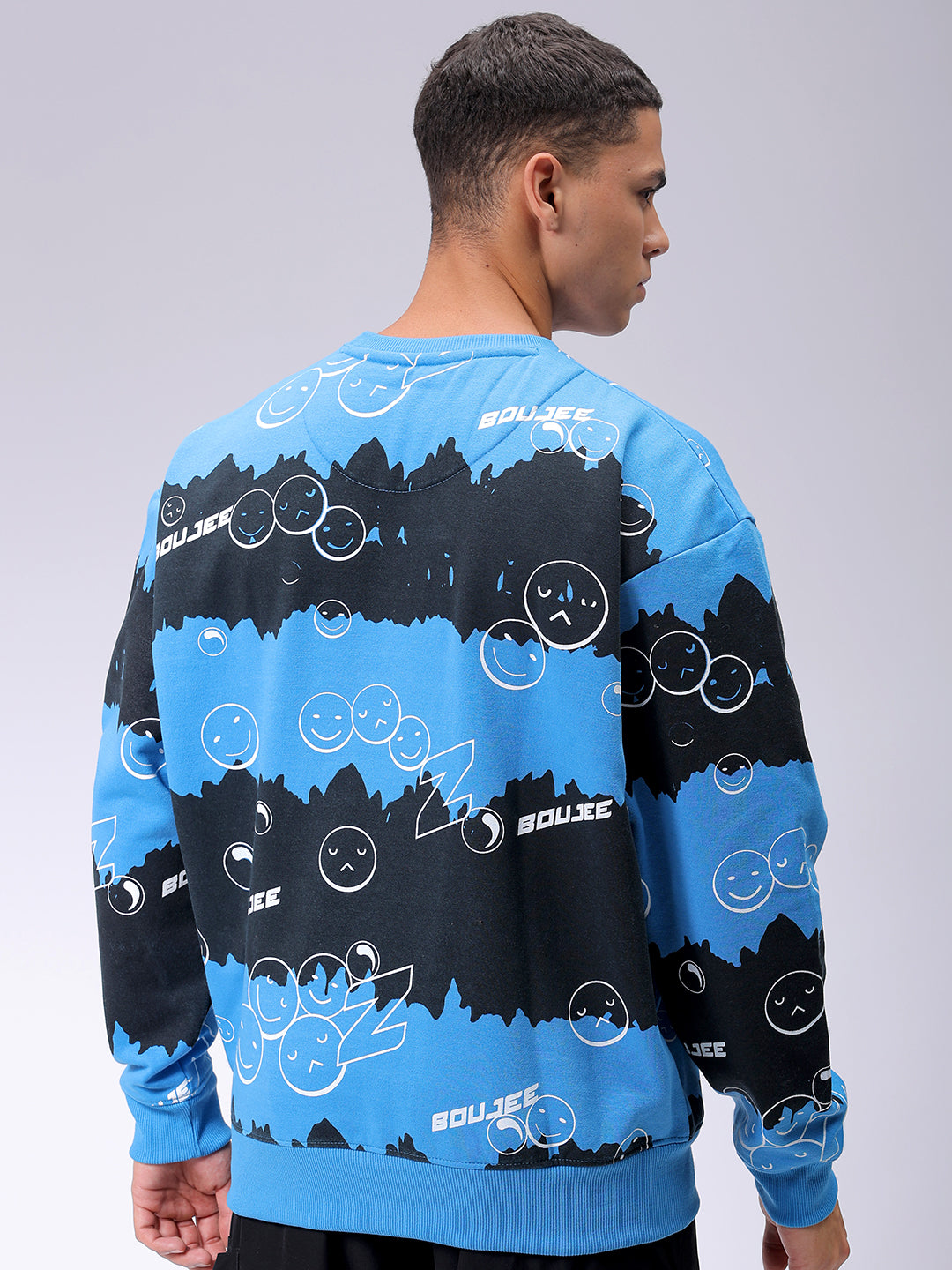 Men's Blue Oversized Abstract Printed Overhead-Crewneck Sweatshirt