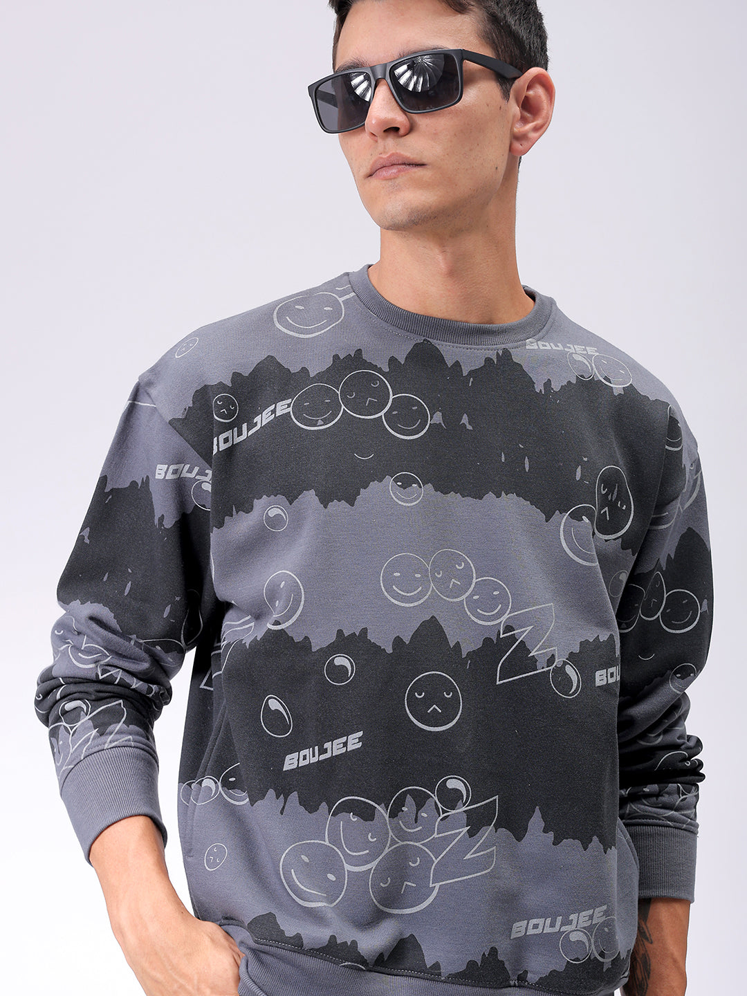 Men's Grey Oversized Abstract Printed Overhead-Crewneck Sweatshirt