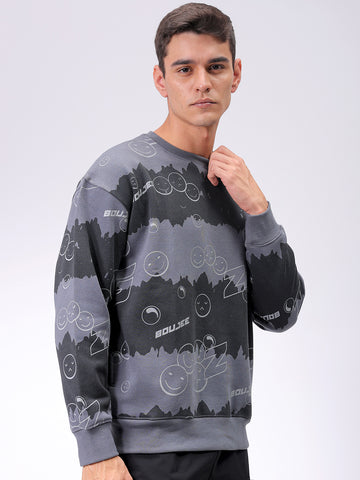 Men's Grey Oversized Abstract Printed Overhead-Crewneck Sweatshirt