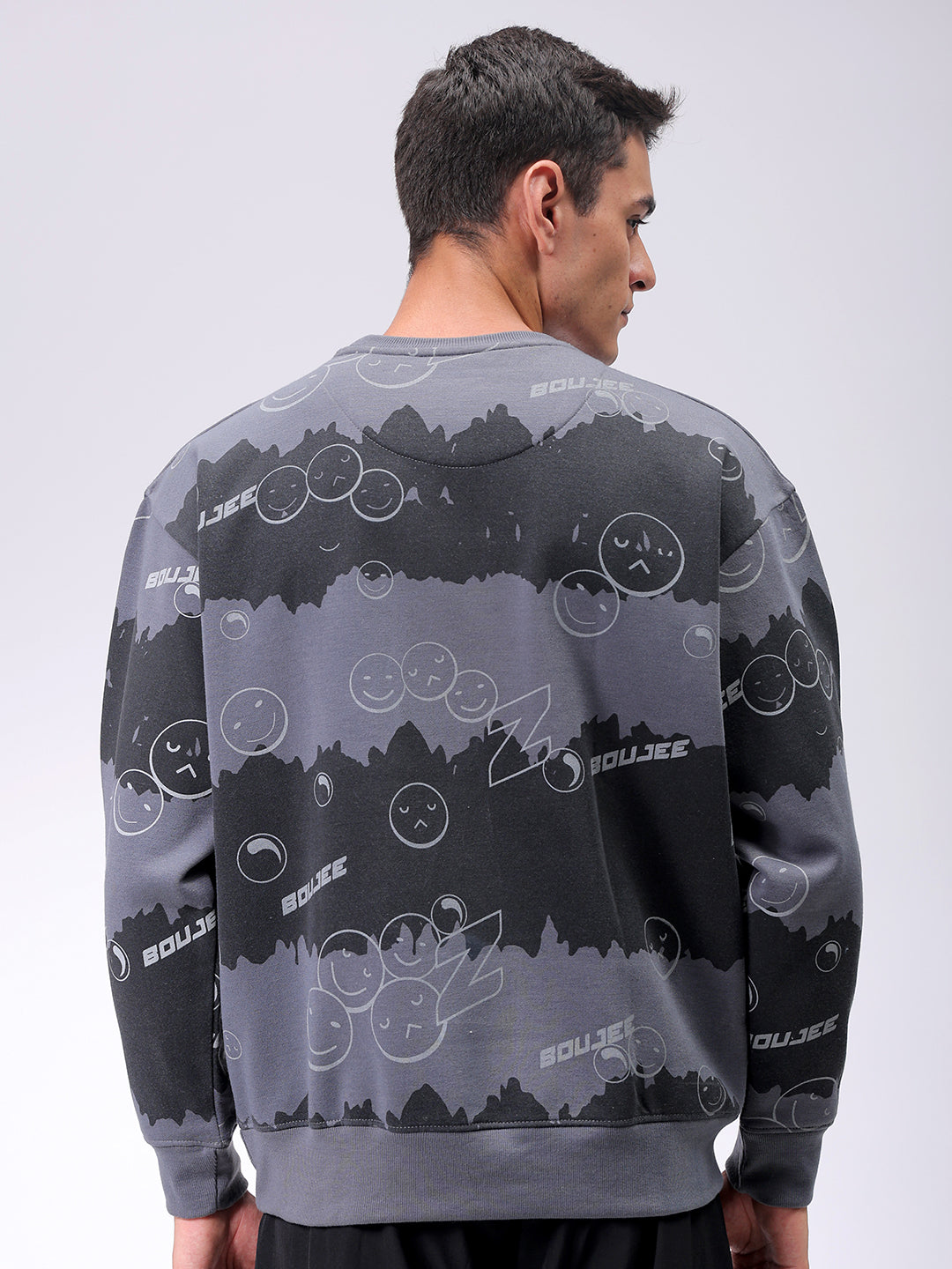 Men's Grey Oversized Abstract Printed Overhead-Crewneck Sweatshirt