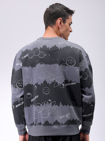 Men's Grey Oversized Abstract Printed Overhead-Crewneck Sweatshirt