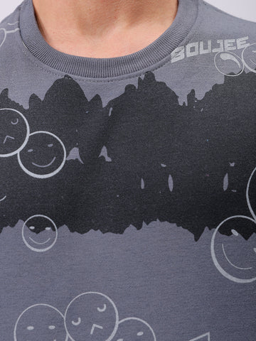 Men's Grey Oversized Abstract Printed Overhead-Crewneck Sweatshirt