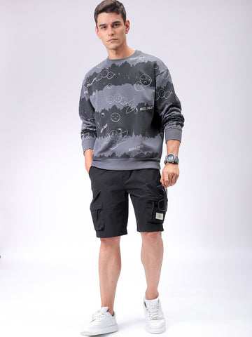 Men's Grey Oversized Abstract Printed Overhead-Crewneck Sweatshirt
