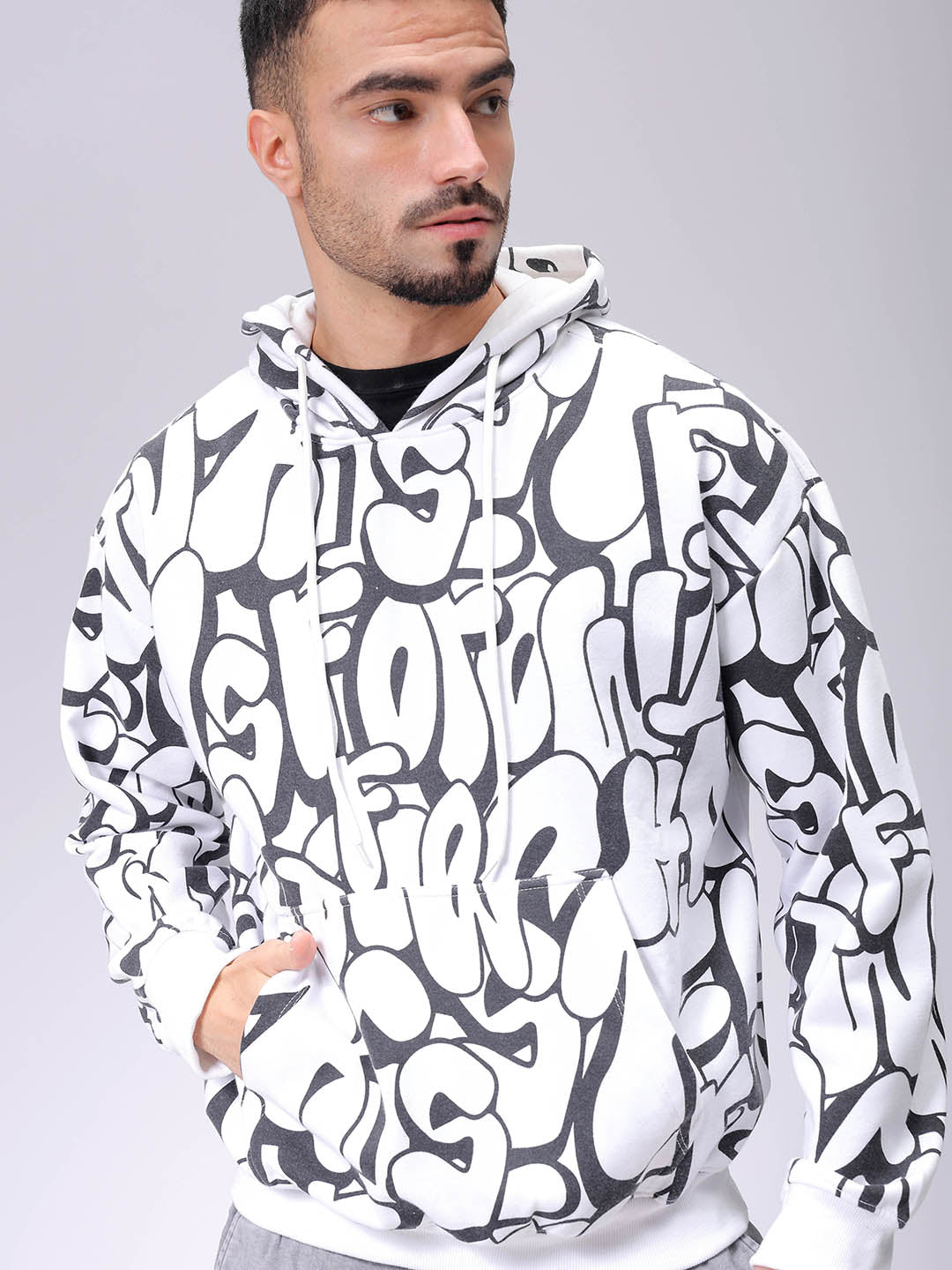 Men's White Relaxed Fit Printed Overhead-Hooded Sweatshirt