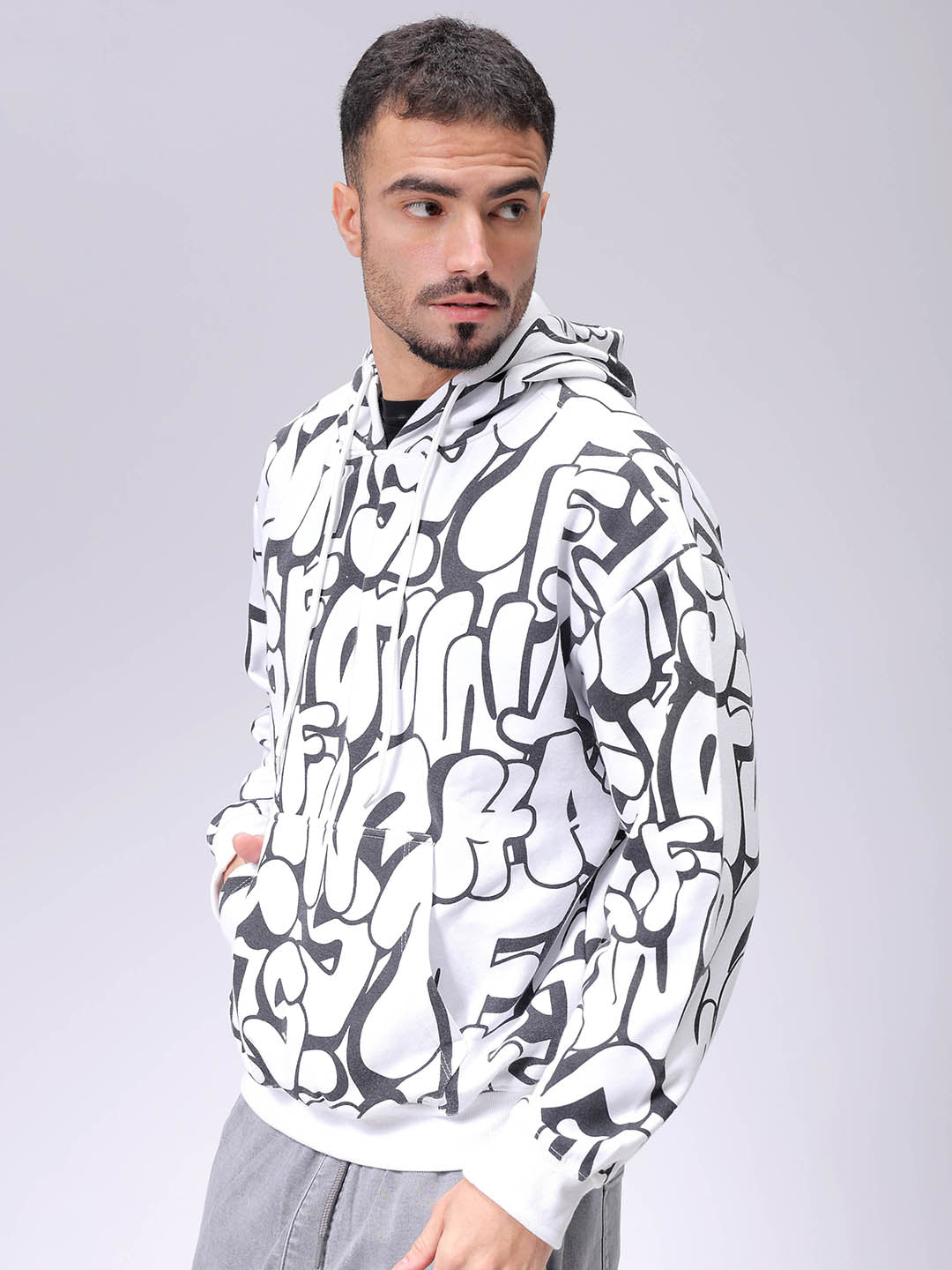 Men's White Relaxed Fit Printed Overhead-Hooded Sweatshirt