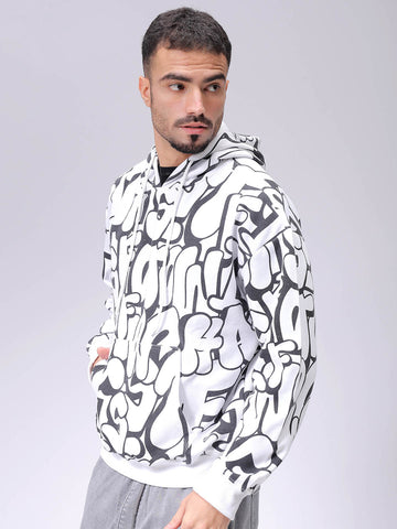 Men's White Relaxed Fit Printed Overhead-Hooded Sweatshirt