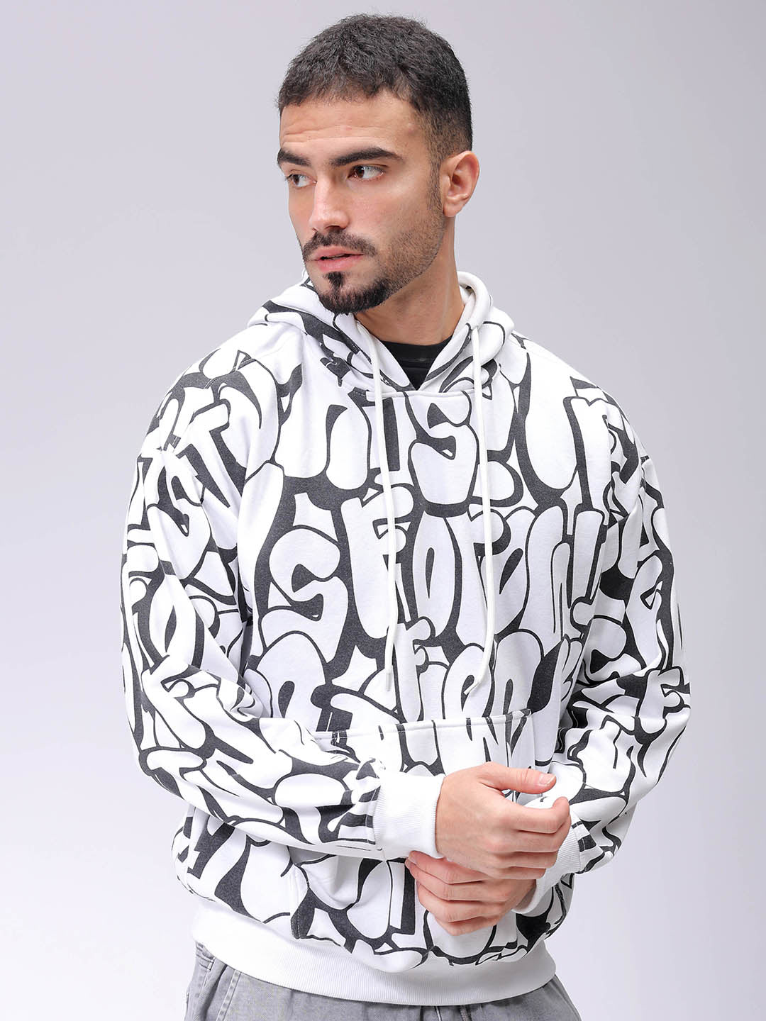 Men's White Relaxed Fit Printed Overhead-Hooded Sweatshirt