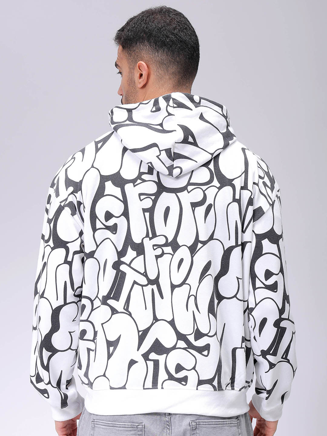 Men's White Relaxed Fit Printed Overhead-Hooded Sweatshirt
