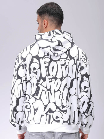 Men's White Relaxed Fit Printed Overhead-Hooded Sweatshirt