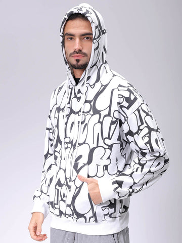 Men's White Relaxed Fit Printed Overhead-Hooded Sweatshirt