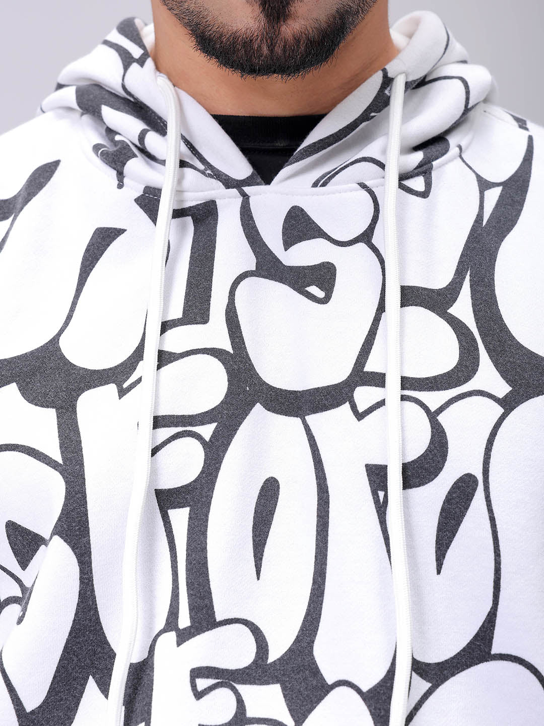 Men's White Relaxed Fit Printed Overhead-Hooded Sweatshirt