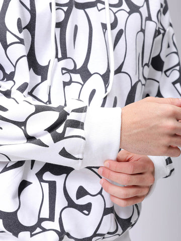 Men's White Relaxed Fit Printed Overhead-Hooded Sweatshirt