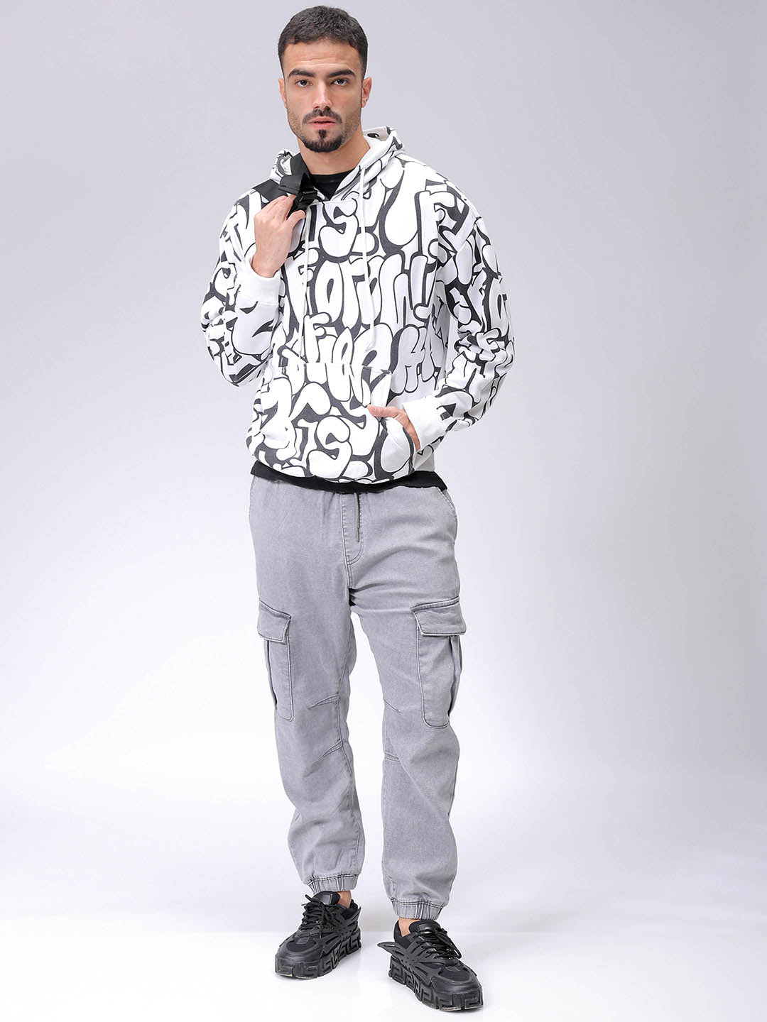 Men's White Relaxed Fit Printed Overhead-Hooded Sweatshirt