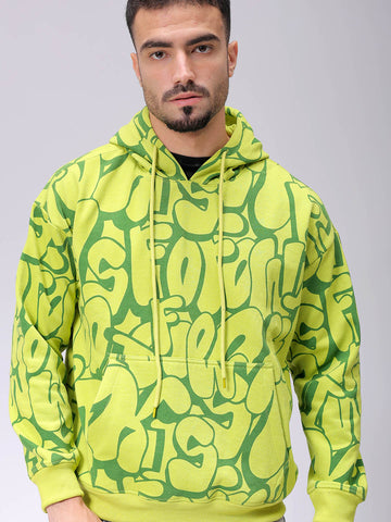 Men's Green Relaxed Fit Printed Overhead-Hooded Sweatshirt