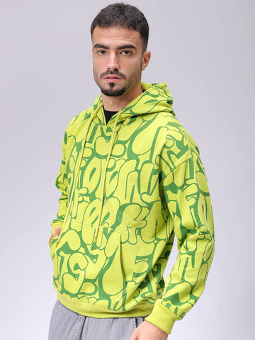 Men's Green Relaxed Fit Printed Overhead-Hooded Sweatshirt