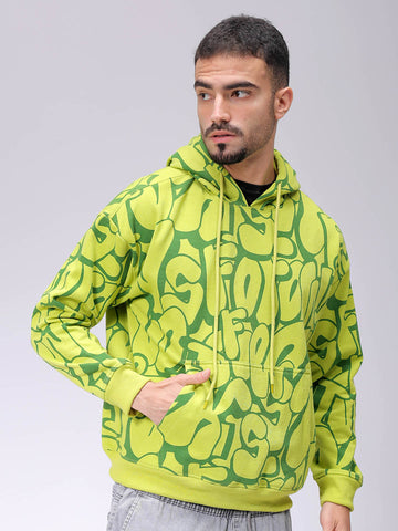 Men's Green Relaxed Fit Printed Overhead-Hooded Sweatshirt