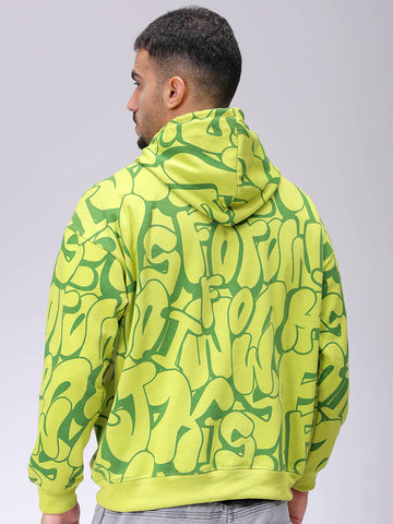 Men's Green Relaxed Fit Printed Overhead-Hooded Sweatshirt