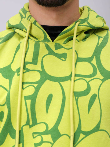 Men's Green Relaxed Fit Printed Overhead-Hooded Sweatshirt
