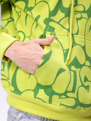 Men's Green Relaxed Fit Printed Overhead-Hooded Sweatshirt