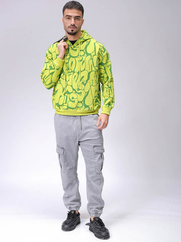 Men's Green Relaxed Fit Printed Overhead-Hooded Sweatshirt