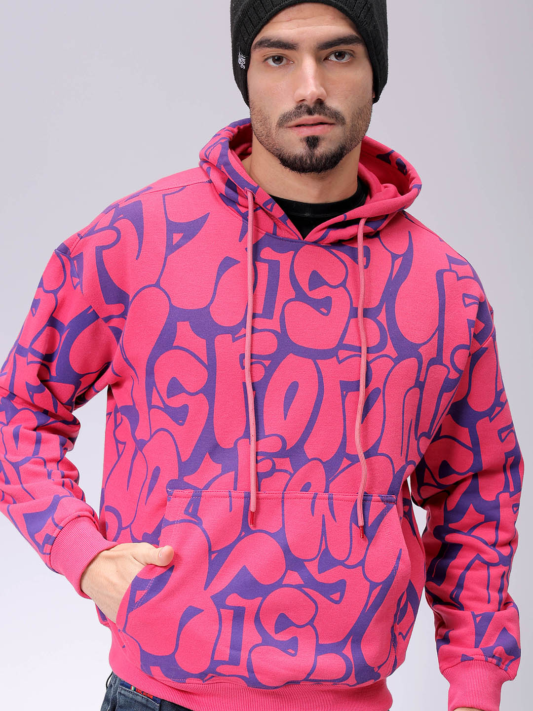 Men's Pink Relaxed Fit Printed Overhead-Hooded Sweatshirt