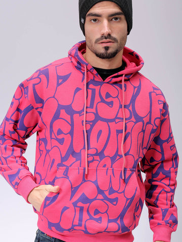 Men's Pink Relaxed Fit Printed Overhead-Hooded Sweatshirt