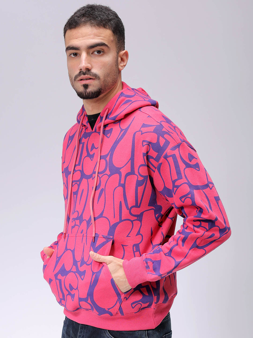 Men's Pink Relaxed Fit Printed Overhead-Hooded Sweatshirt