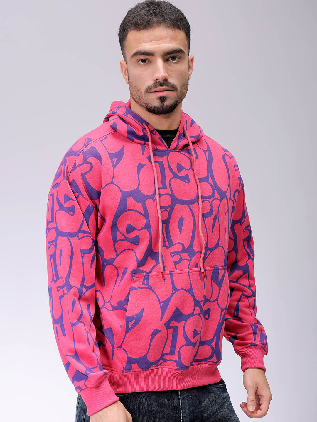 Men's Pink Relaxed Fit Printed Overhead-Hooded Sweatshirt