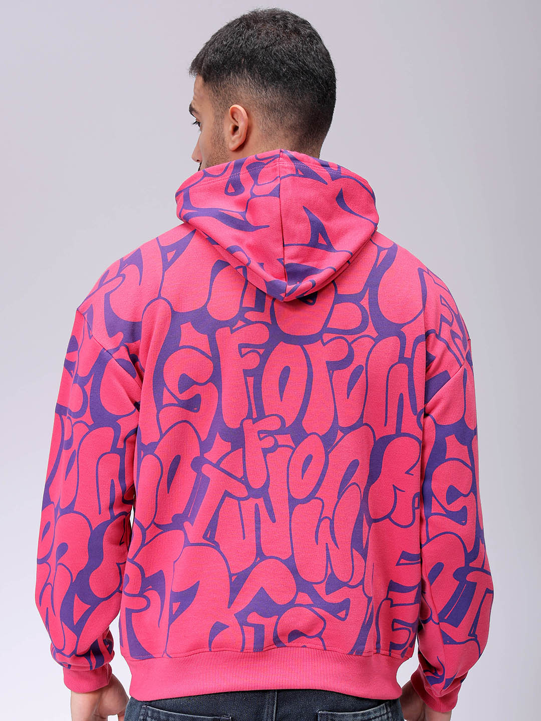 Men's Pink Relaxed Fit Printed Overhead-Hooded Sweatshirt