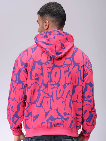 Men's Pink Relaxed Fit Printed Overhead-Hooded Sweatshirt