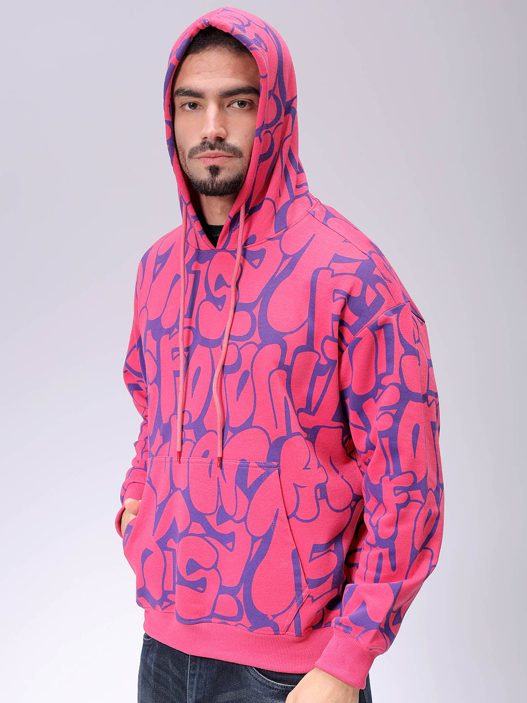 Men's Pink Relaxed Fit Printed Overhead-Hooded Sweatshirt