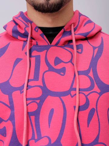 Men's Pink Relaxed Fit Printed Overhead-Hooded Sweatshirt