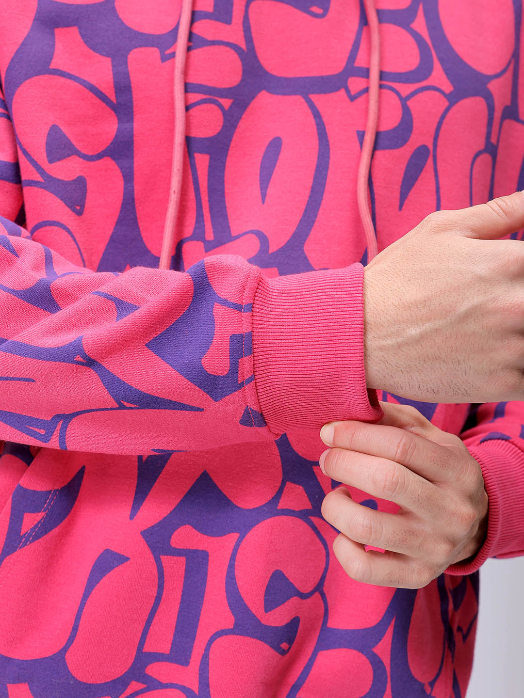 Men's Pink Relaxed Fit Printed Overhead-Hooded Sweatshirt