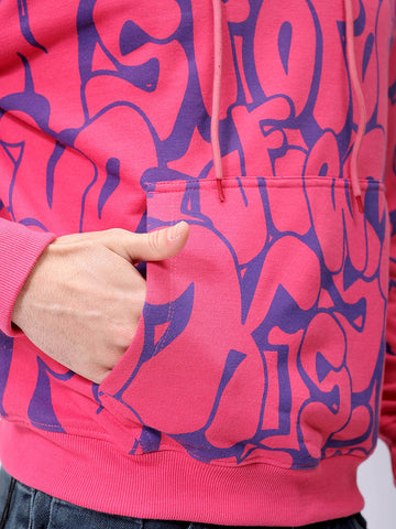 Men's Pink Relaxed Fit Printed Overhead-Hooded Sweatshirt