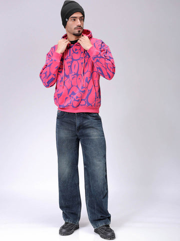 Men's Pink Relaxed Fit Printed Overhead-Hooded Sweatshirt