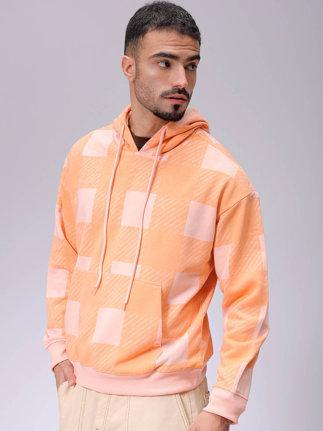 Men's Peach Relaxed Fit Geometric Overhead-Hooded Sweatshirt