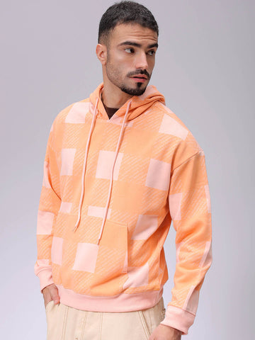Men's Peach Relaxed Fit Geometric Overhead-Hooded Sweatshirt