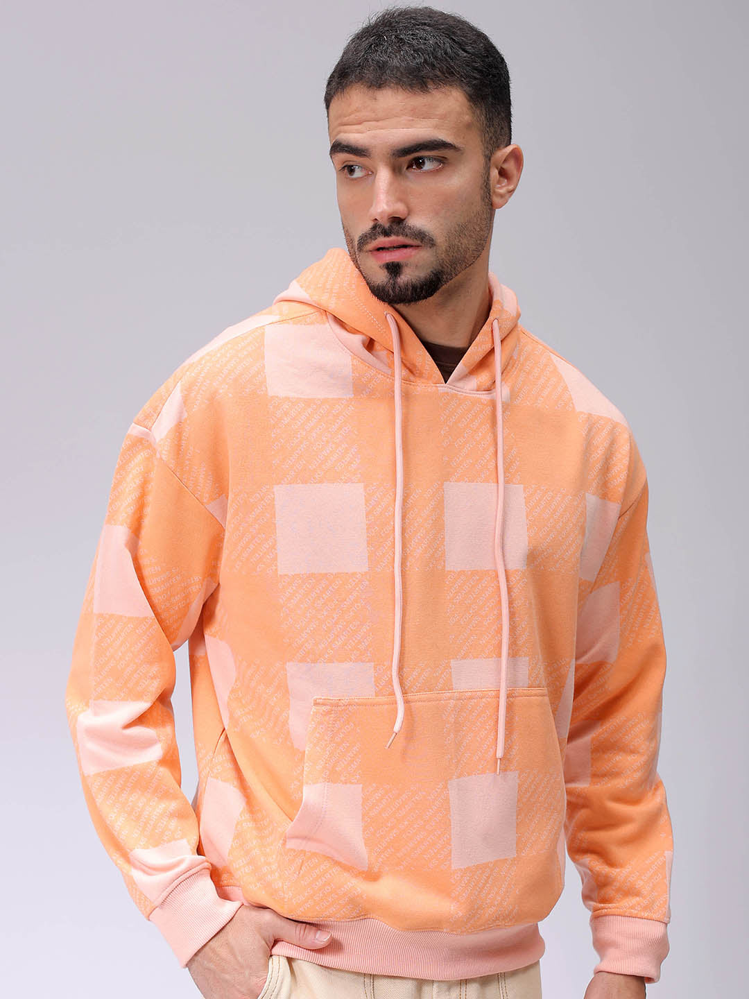 Men's Peach Relaxed Fit Geometric Overhead-Hooded Sweatshirt