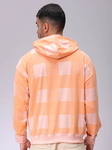 Men's Peach Relaxed Fit Geometric Overhead-Hooded Sweatshirt