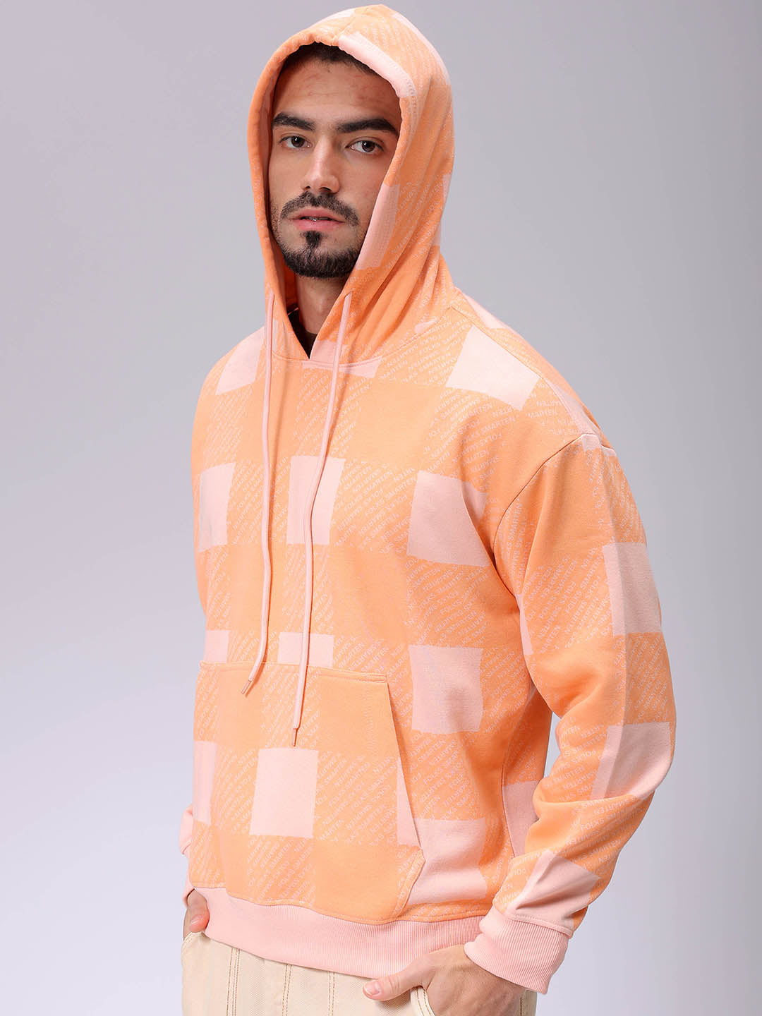 Men's Peach Relaxed Fit Geometric Overhead-Hooded Sweatshirt