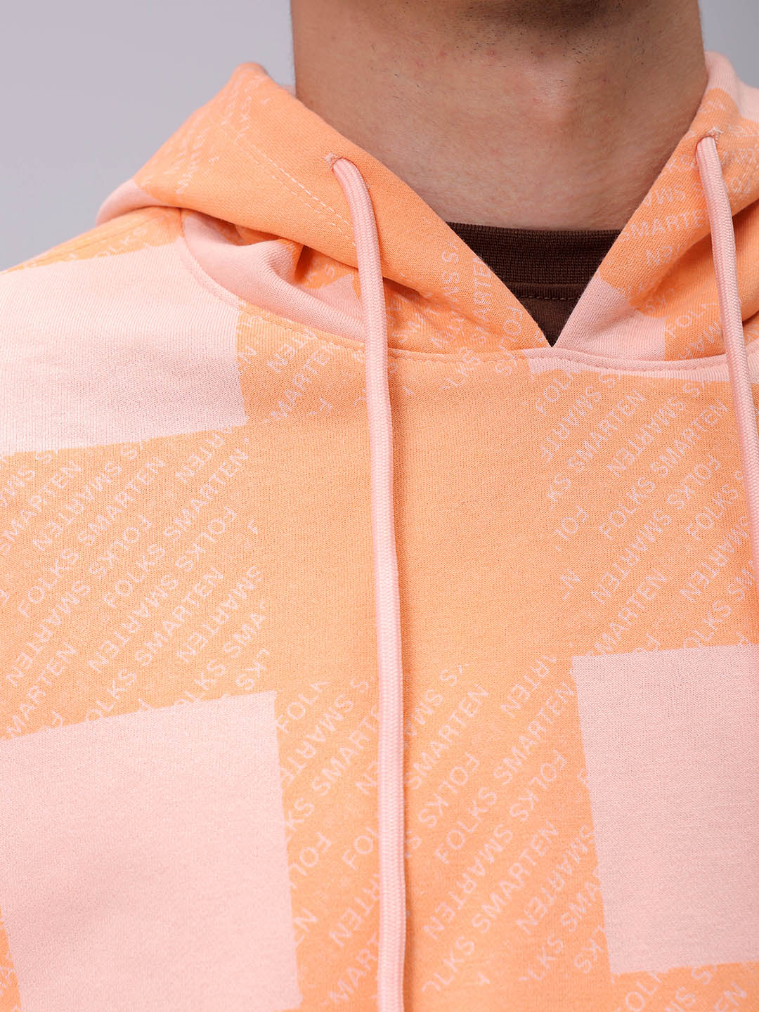 Men's Peach Relaxed Fit Geometric Overhead-Hooded Sweatshirt