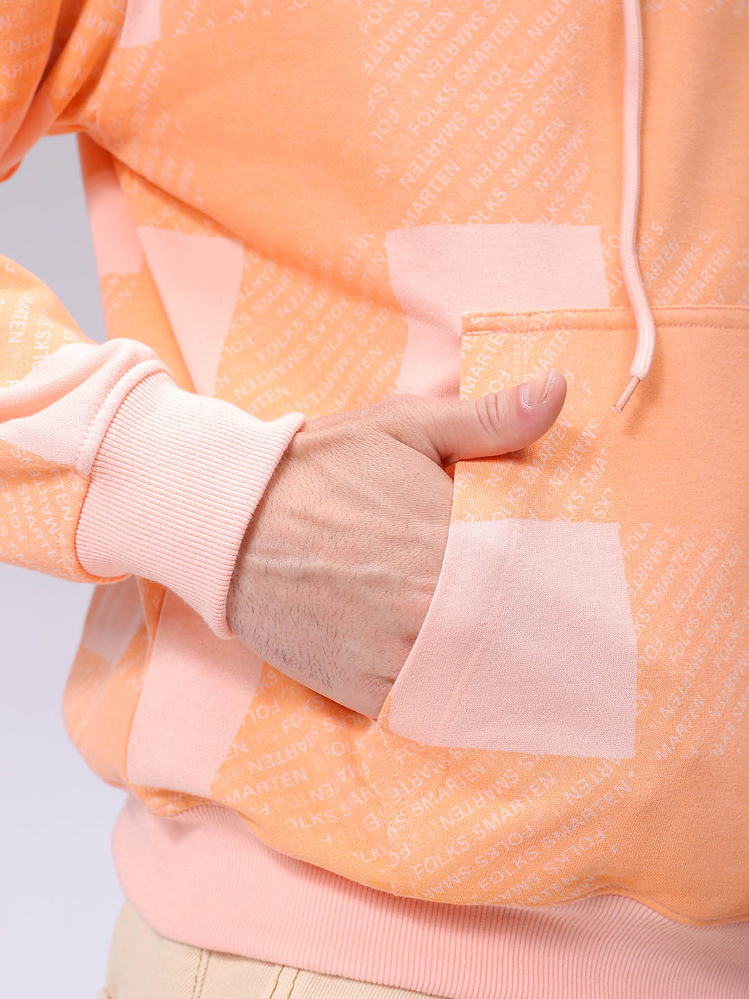 Men's Peach Relaxed Fit Geometric Overhead-Hooded Sweatshirt