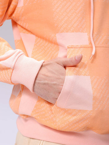 Men's Peach Relaxed Fit Geometric Overhead-Hooded Sweatshirt