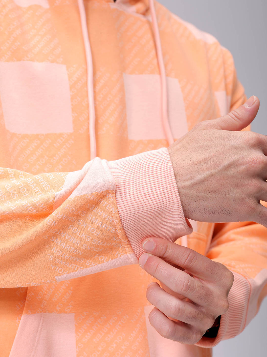 Men's Peach Relaxed Fit Geometric Overhead-Hooded Sweatshirt