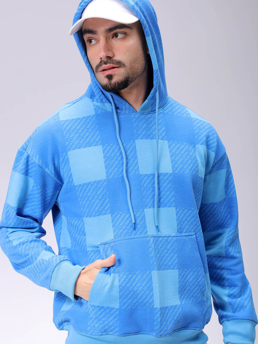 Men's Blue Relax Fit Geometric Overhead-Hooded Sweatshirt