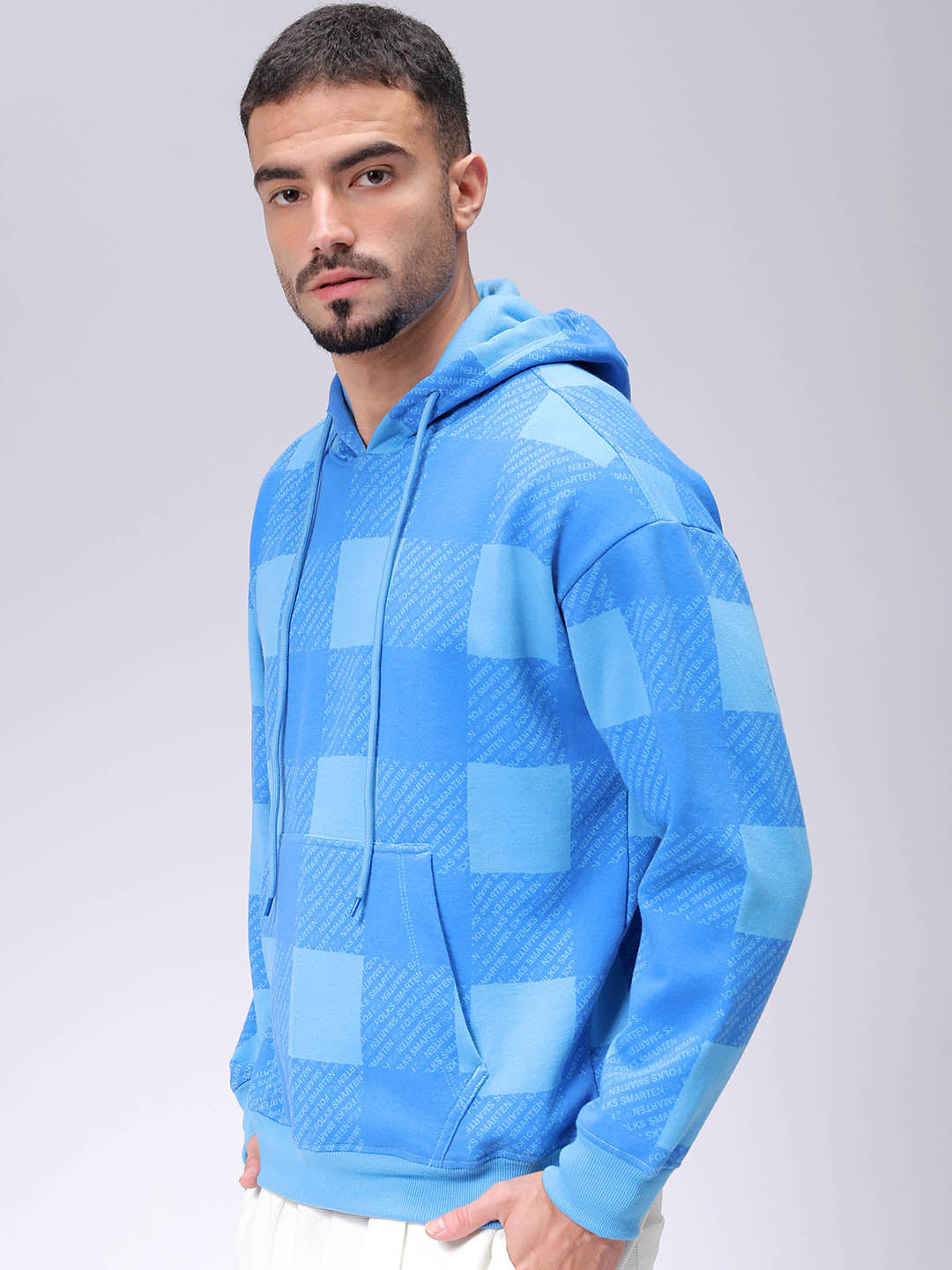 Men's Blue Relax Fit Geometric Overhead-Hooded Sweatshirt