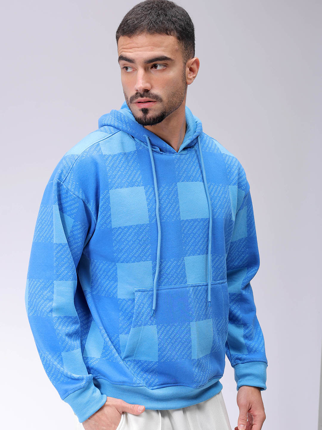 Men's Blue Relax Fit Geometric Overhead-Hooded Sweatshirt