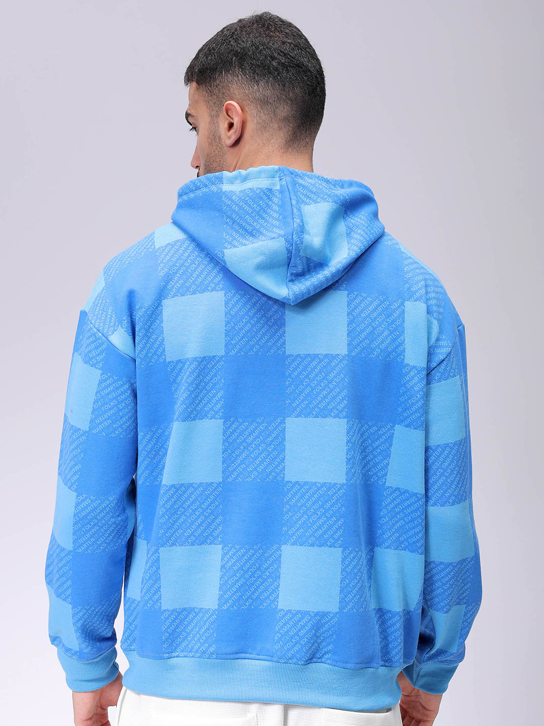 Men's Blue Relax Fit Geometric Overhead-Hooded Sweatshirt