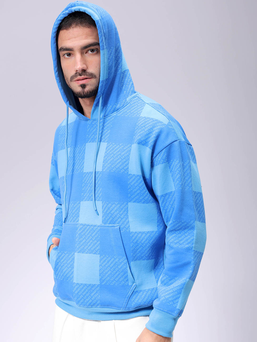 Men's Blue Relax Fit Geometric Overhead-Hooded Sweatshirt