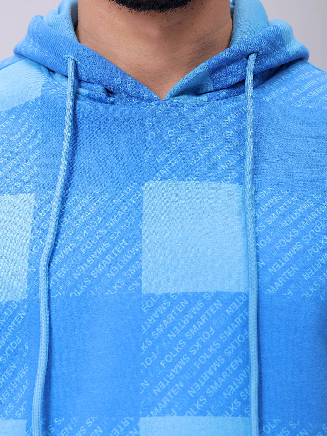 Men's Blue Relax Fit Geometric Overhead-Hooded Sweatshirt